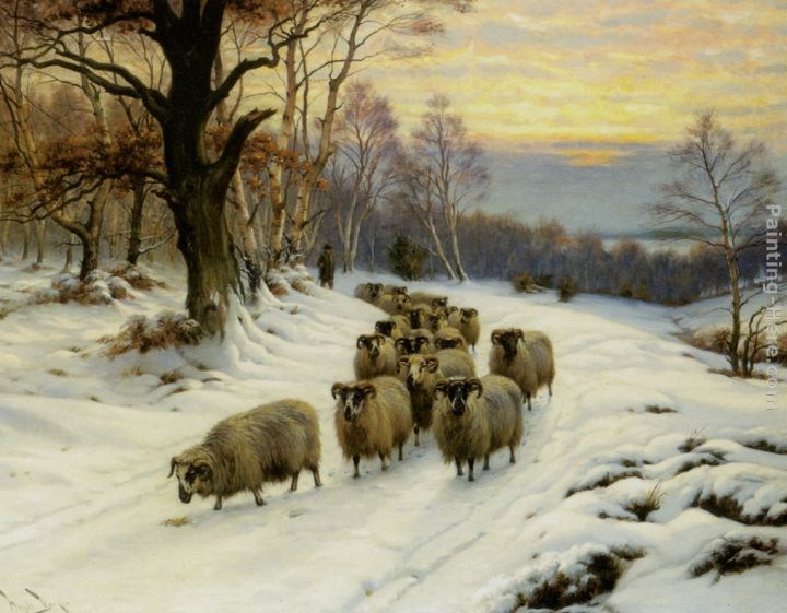 Wright Barker A Shepherd and his Flock on a Path in Winter